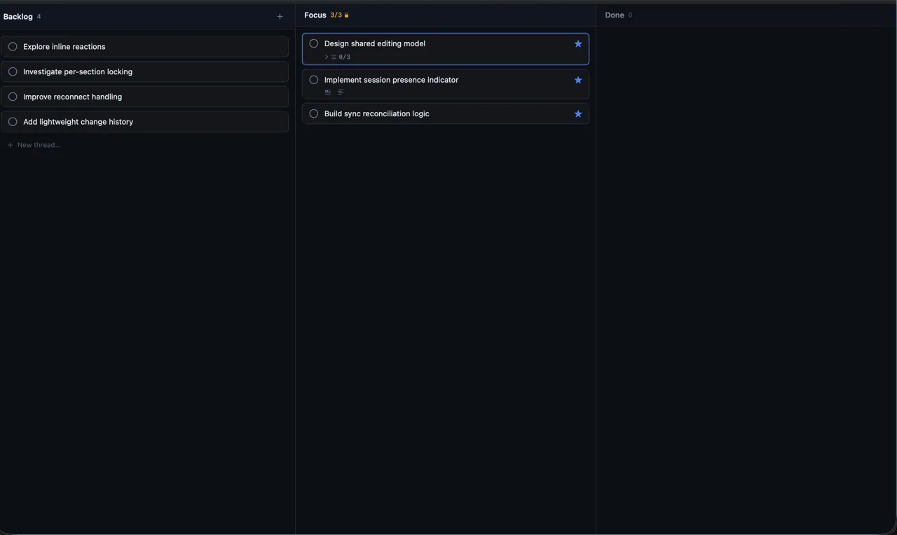 Loomline Threads view — tasks organized into Backlog, Focus, and Done columns